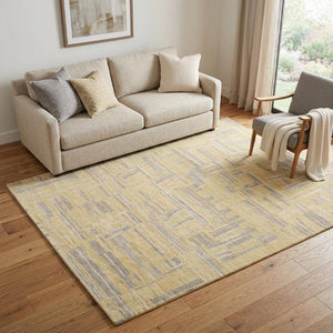 5x8 Hand Knotted Wool Abstract Area Rug in Gold and Gray Stain Resistant