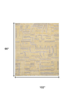 5x8 Hand Knotted Wool Abstract Area Rug in Gold and Gray Stain Resistant