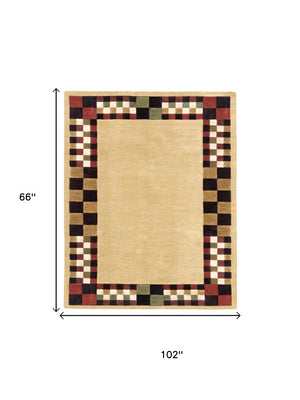 5 X 8 Wool Blend Hand Knotted Oriental Area Rug Artisan Crafted Tan and Red