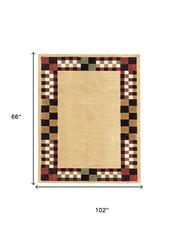 5 X 8 Wool Blend Hand Knotted Oriental Area Rug Artisan Crafted Tan and Red