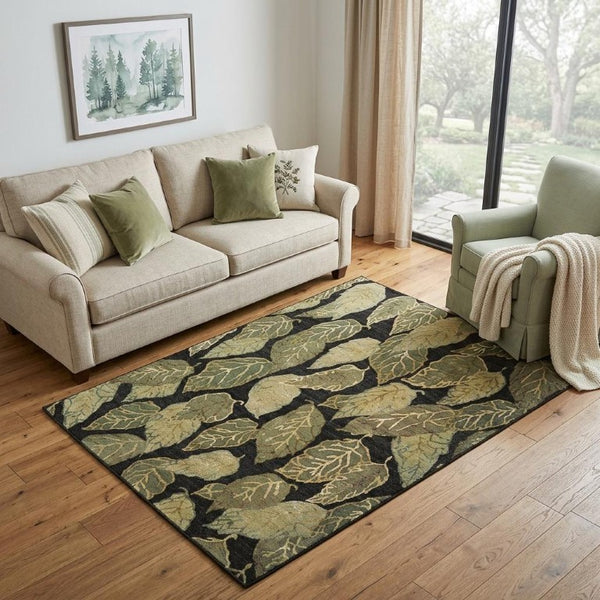 5x8 Hand Knotted Wool Blend Floral Area Rug in Black Green Ivory Cottage Style