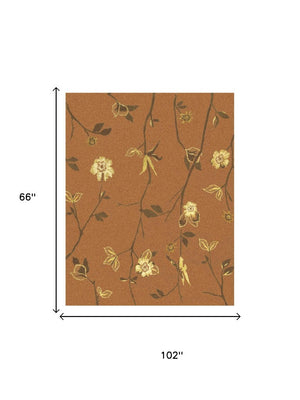 5 X 8 Hand Knotted Wool Floral Area Rug in Warm Orange Brown and Yellow