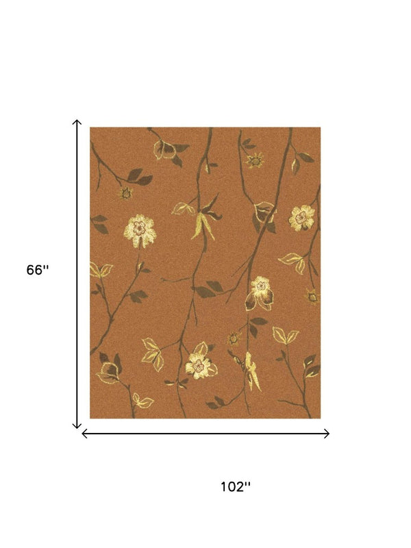 5 X 8 Hand Knotted Wool Floral Area Rug in Warm Orange Brown and Yellow