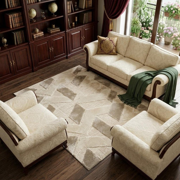 8 X 11 Ivory Silver Geometric Viscose Area Rug Power Loomed Traditional Living Room