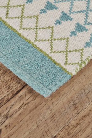 8x10 Ivory Blue Green Geometric Wool Rug Hand Loomed Stain Resistant Living Room