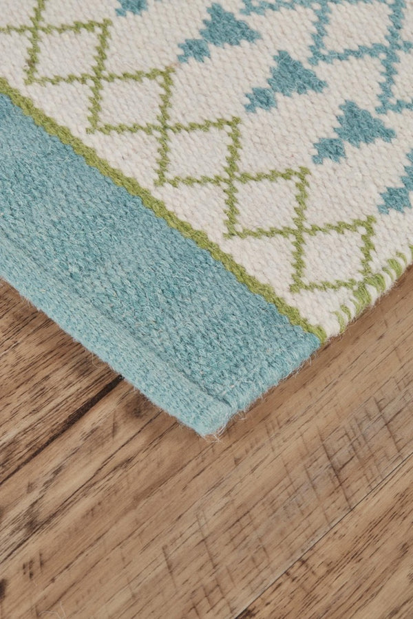 8x10 Ivory Blue Green Geometric Wool Rug Hand Loomed Stain Resistant Living Room