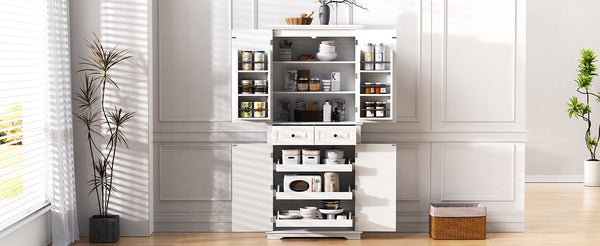 English Elm K&K 71" Tall Farmhouse Pantry Cabinet with Groove Edges, 3 Pull-Out Organizers, 6 Door Shelves White N707P256507W