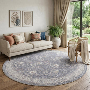 8 Foot Bohemian Floral Area Rug in Blue Gray and Gold with Tassel Fringe Accent