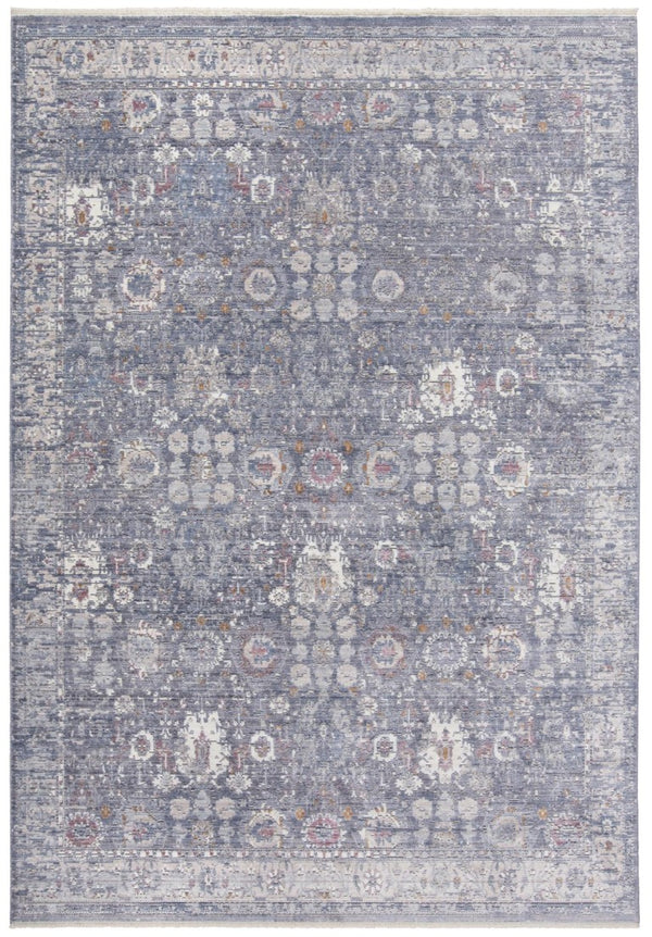 HomeRoots 8 Foot Bohemian Floral Area Rug in Blue Gray and Gold with Tassel Fringe Accent 744216