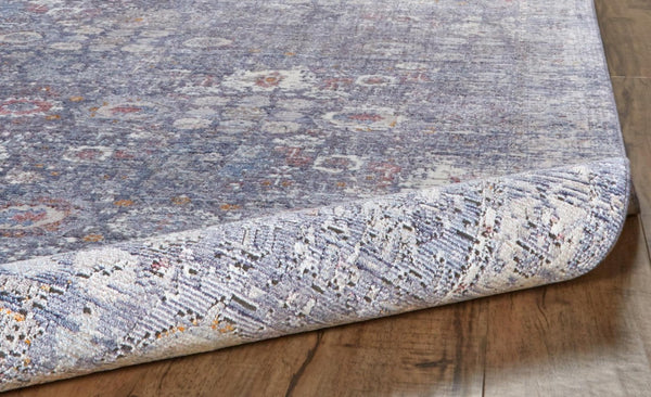 8 Foot Bohemian Floral Area Rug in Blue Gray and Gold with Tassel Fringe Accent