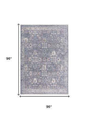 8 Foot Bohemian Floral Area Rug in Blue Gray and Gold with Tassel Fringe Accent