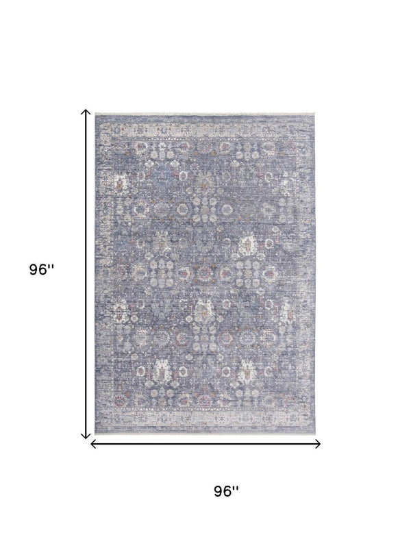 8 Foot Bohemian Floral Area Rug in Blue Gray and Gold with Tassel Fringe Accent