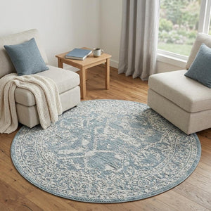 7 Foot Abstract Area Rug in Blue Gray Silver with Tassel Fringe Accent