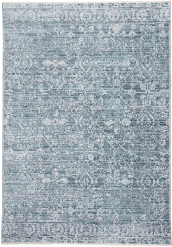 7 Foot Abstract Area Rug in Blue Gray Silver with Tassel Fringe Accent