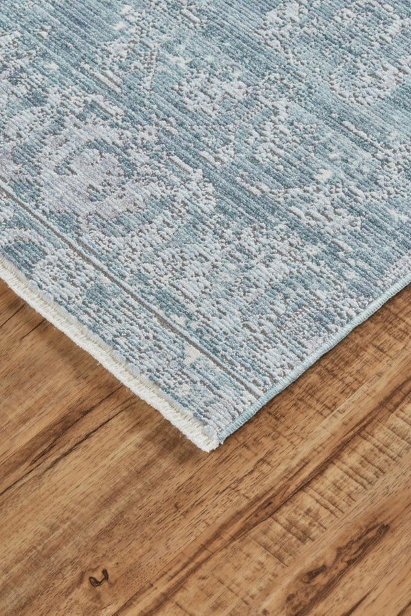 7 Foot Abstract Area Rug in Blue Gray Silver with Tassel Fringe Accent