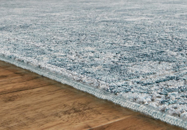 7 Foot Abstract Area Rug in Blue Gray Silver with Tassel Fringe Accent
