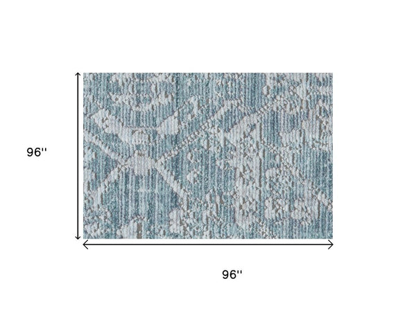 7 Foot Abstract Area Rug in Blue Gray Silver with Tassel Fringe Accent
