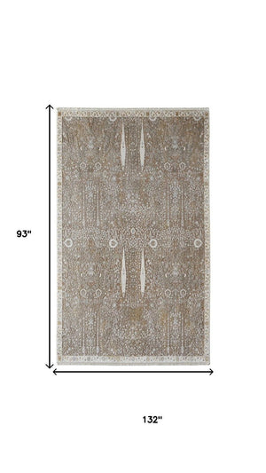 8x11 Ivory Taupe Gold Floral Area Rug with Fringe Traditional Living Room Accent