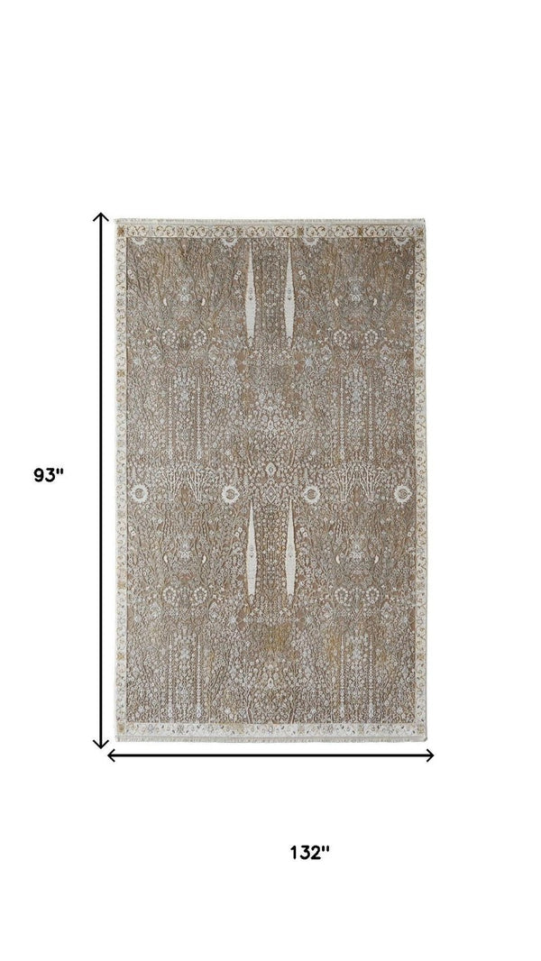 8x11 Ivory Taupe Gold Floral Area Rug with Fringe Traditional Living Room Accent
