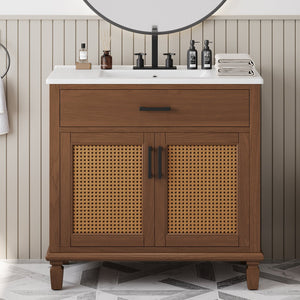 English Elm Christopher Knight Home® - 36" Rattan Bathroom Vanity with Ceramic Sink and Soft-Close Drawers, Handwoven Door Texture, Solid Wood Legs, Spacious Storage Elegance Brown N817P271077B