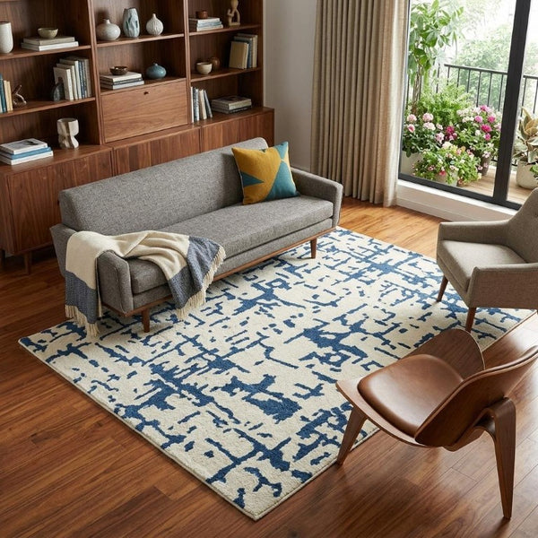 8x10 Ivory Blue Wool Hand Tufted Abstract Area Rug Mid Century Artisan Crafted