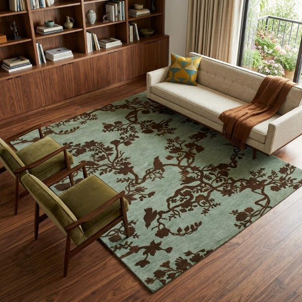 8x10 Hand Knotted Wool Floral Area Rug Mid-century Style Stain Resistant Living Room