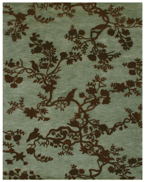 HomeRoots 8x10 Hand Knotted Wool Floral Area Rug Mid-century Style Stain Resistant Living Room 744257