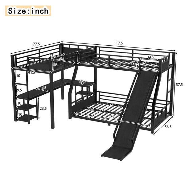 English Elm L-shaped Metal Triple Bunk Bed with Slide Desk and Storage for Shared Kids Rooms W1580S00568