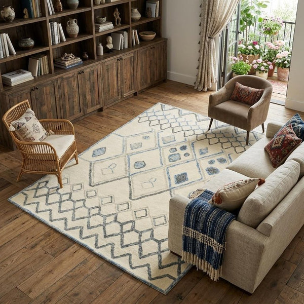 8 X 10 Ivory Blue Argyle Wool Blend Hand Tufted Bohemian Area Rug for Living Room