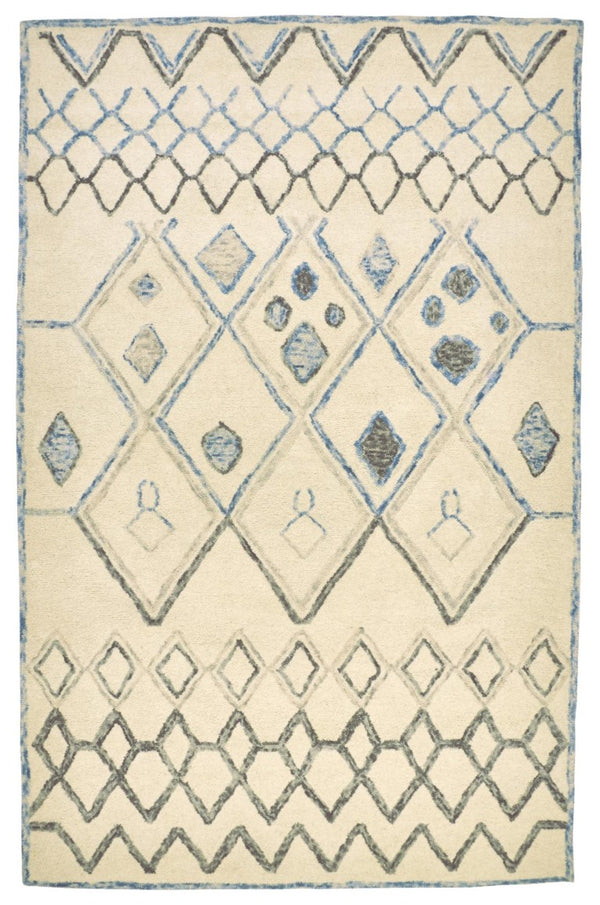 HomeRoots 8 X 10 Ivory Blue Argyle Wool Blend Hand Tufted Bohemian Area Rug for Living Room 744262