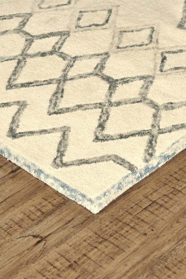8 X 10 Ivory Blue Argyle Wool Blend Hand Tufted Bohemian Area Rug for Living Room