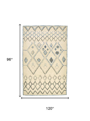 8 X 10 Ivory Blue Argyle Wool Blend Hand Tufted Bohemian Area Rug for Living Room