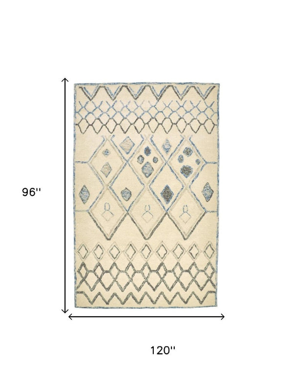 8 X 10 Ivory Blue Argyle Wool Blend Hand Tufted Bohemian Area Rug for Living Room