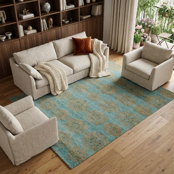 8 X 10 Hand Knotted Wool Blend Floral Area Rug in Blue Green Taupe Tones