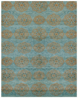 HomeRoots 8 X 10 Hand Knotted Wool Blend Floral Area Rug in Blue Green Taupe Tones 744263