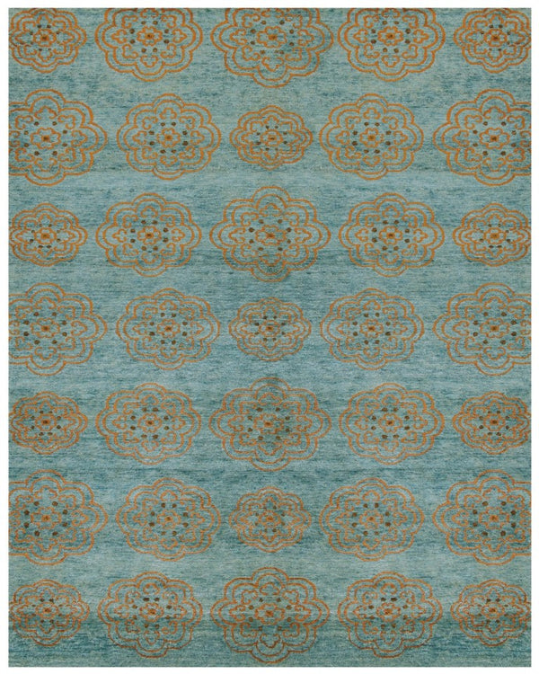 HomeRoots 8 X 10 Hand Knotted Wool Blend Floral Area Rug in Blue Green Taupe Tones 744263