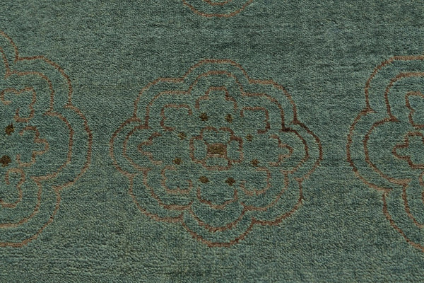 8 X 10 Hand Knotted Wool Blend Floral Area Rug in Blue Green Taupe Tones