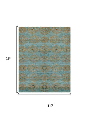 8 X 10 Hand Knotted Wool Blend Floral Area Rug in Blue Green Taupe Tones