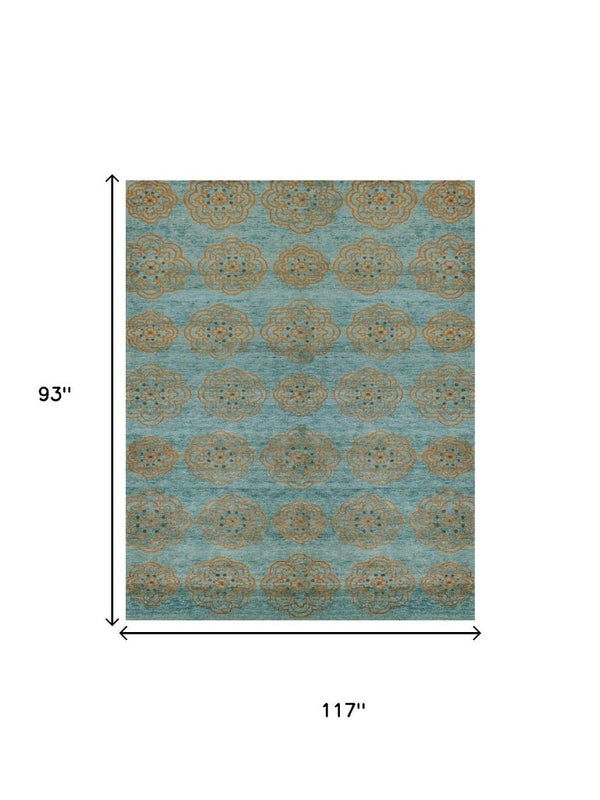 8 X 10 Hand Knotted Wool Blend Floral Area Rug in Blue Green Taupe Tones