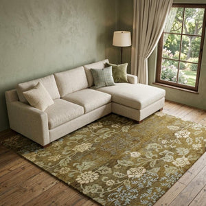 8 X 10 Hand Knotted Wool Blend Floral Area Rug in Brown Blue and Green