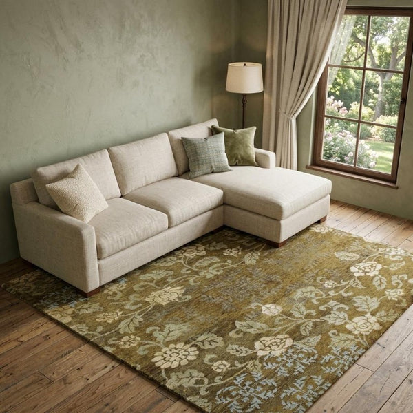 8 X 10 Hand Knotted Wool Blend Floral Area Rug in Brown Blue and Green