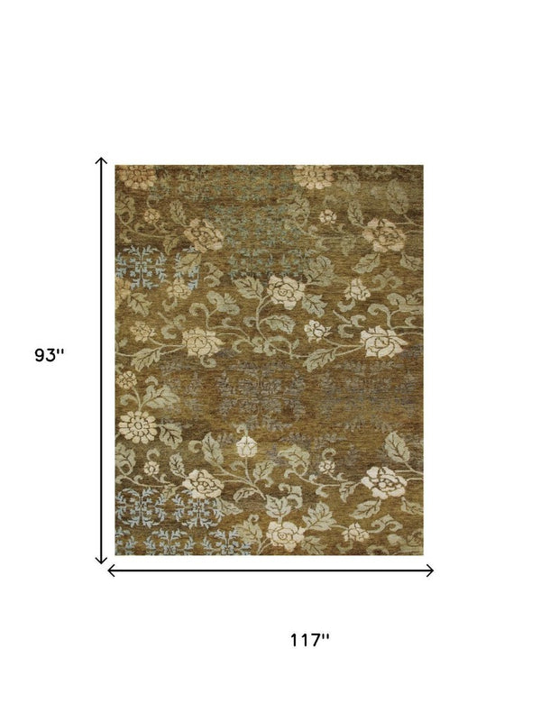 8 X 10 Hand Knotted Wool Blend Floral Area Rug in Brown Blue and Green