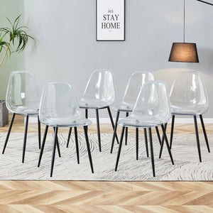English Elm Modern transparent dining chair set of 6 — minimalist armless crystal PET seats, ergonomic curve, black metal legs included W1512P390970