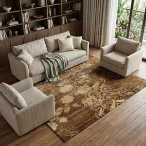 8 X 10 Hand Knotted Wool Blend Floral Area Rug in Brown Tan Ivory Tones