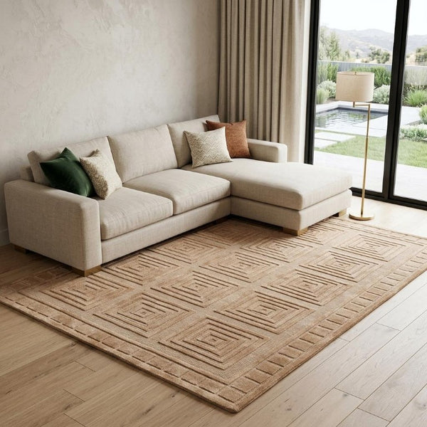 8x10 Hand Knotted Wool Area Rug Tan Gold Geometric Stain Resistant Artisan