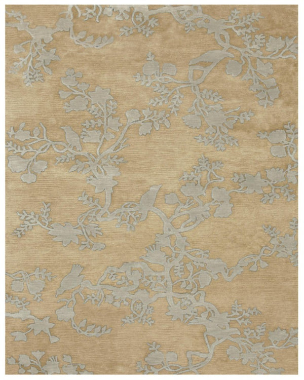 HomeRoots 8 X 10 Hand Knotted Wool Floral Area Rug in Tan Gold Mid-century Style 744279