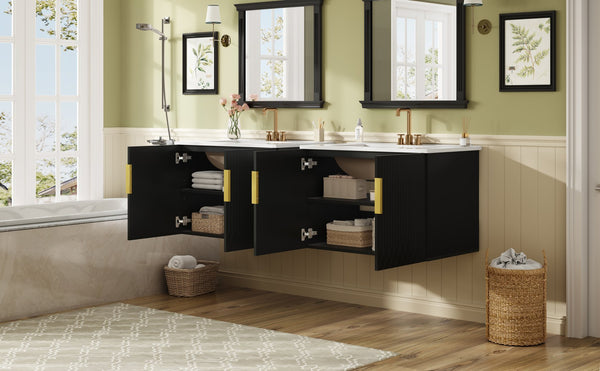English Elm 60" Vintage Bathroom Vanity with Ceramic Sink Wall-Mount Modern Striped Design Durable MDF Wood Finish Black N710SS00010B