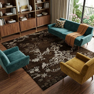8 X 10 Hand Knotted Wool Floral Area Rug in Brown Silver Mid-century Style