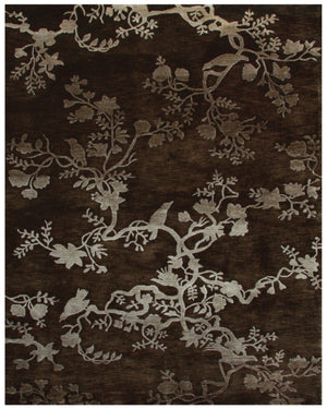 HomeRoots 8 X 10 Hand Knotted Wool Floral Area Rug in Brown Silver Mid-century Style 744282