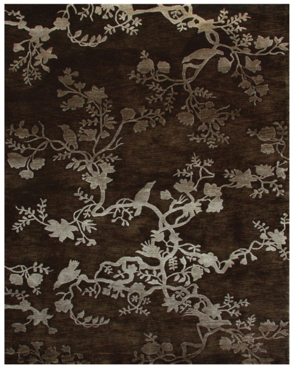 HomeRoots 8 X 10 Hand Knotted Wool Floral Area Rug in Brown Silver Mid-century Style 744282